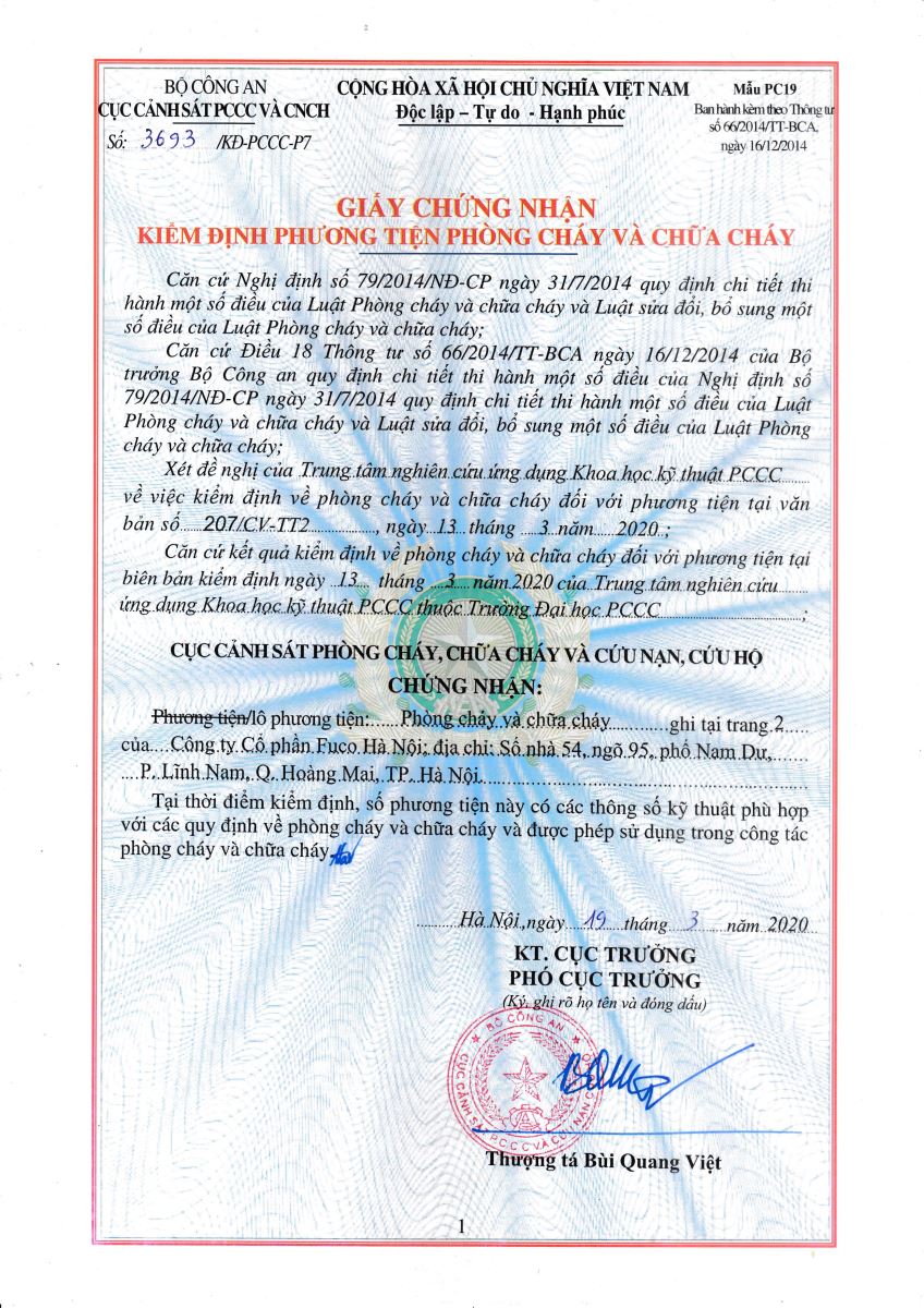 chứng nhận chống cháy tiêu chuẩn
