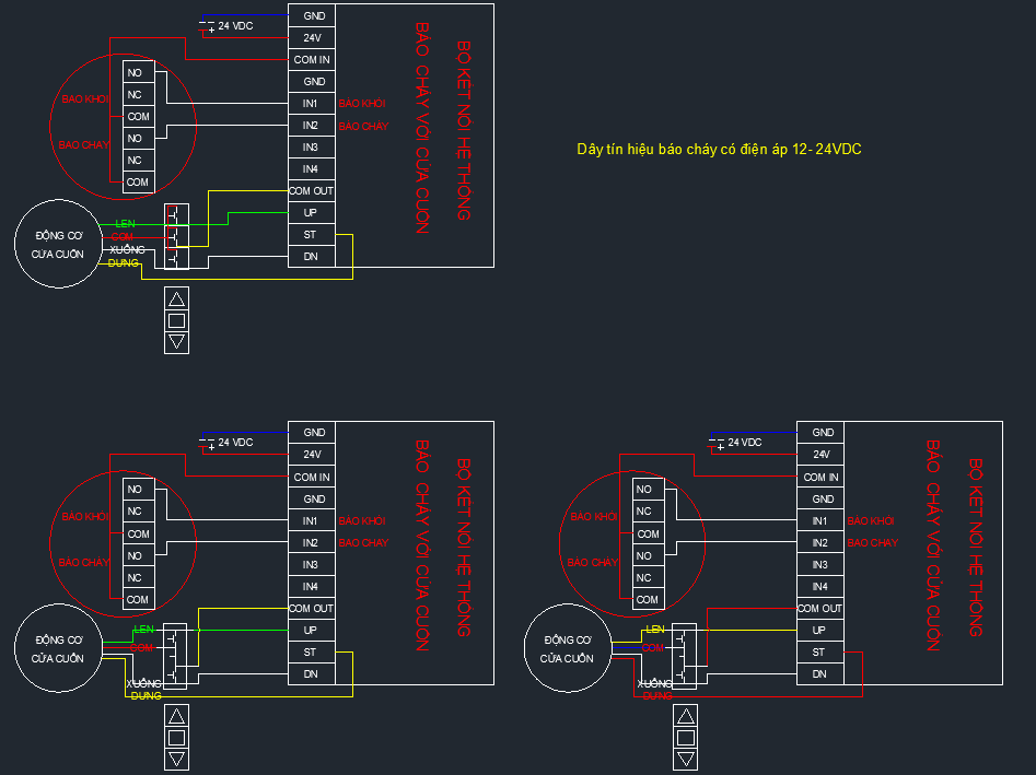 •	Trường  hợp hệ thống báo cháy có 3 sợi dây (có điện áp từ 12VDC -24VDC) 
