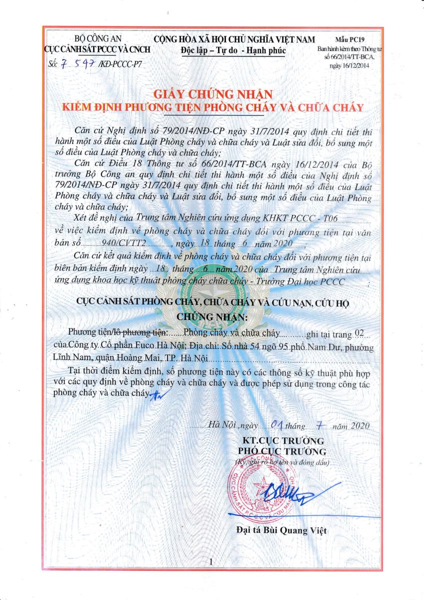 chứng nhận chống cháy tiêu chuẩn